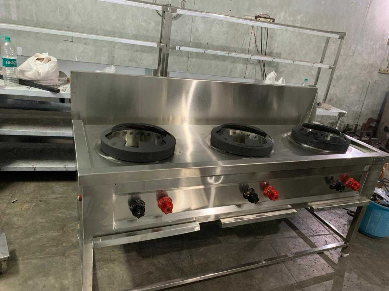 3 Burner Chinese Stove — high-pressure wok range with back splash