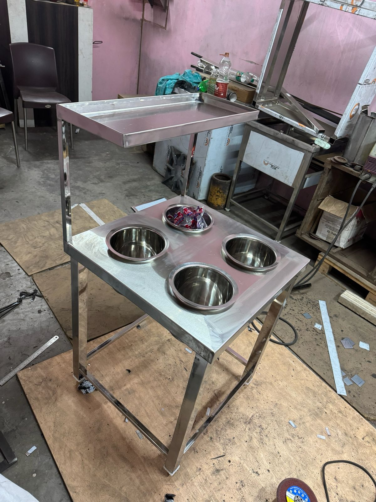Dosa Side Table with Tray — stainless steel chutney stand with overhead tray