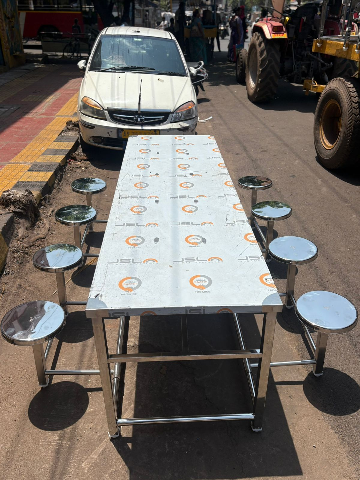 8 Seater Canteen Dining Table — stainless steel canteen table with attached round stools