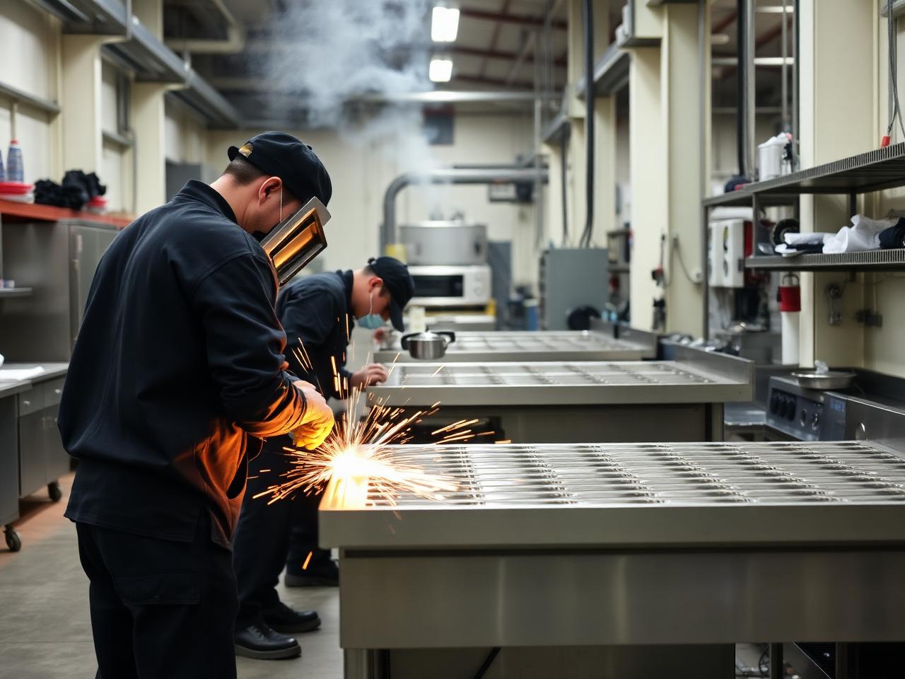 Workers welding stainless steel commercial kitchen equipment on the manufacturing floor